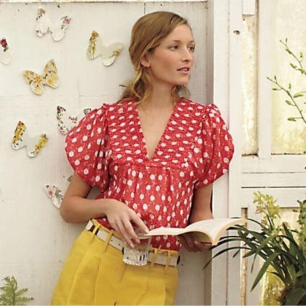 Edme & Esyllte To The Sun Blouse Top Red Bird Print Polka Dot Puff Sleeve XS - Picture 2 of 8